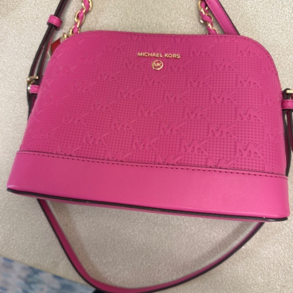 Rare Find Micheal Kors Logo Jet Charm Large Dome Crossbody Purse Hot PInk - Picture 2 of 5